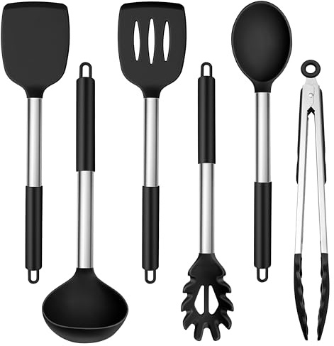 Joyfair 6 Pieces Kitchen Utensils Set, Silicone with Stainless Steel Core Cooking Utensils Set, Black Gadgets Tools Include Spatula Turner Spoon, Non Toxic &Non-Stick, Heat Resistant & Dishwasher Safe