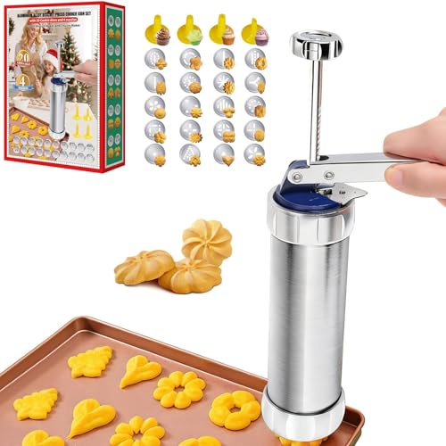 Cookie Press Gun with 20 Discs 4 Tips - Stainless Steel Maker & Decorator Set for Baking, Cake Piping & Cheese Press - Perfect for Christmas, Thanksgiving Cookie Making