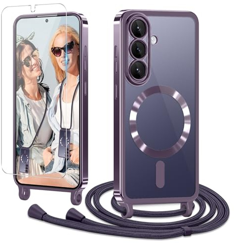 Ethanger für Samsung Galaxy S26 Hülle mit Band + 1 Schutzfolie, Lila | Handyband Transparent Silikon Handyhülle, Magnetische Schutzhülle Case zum Umhängen Kordel
