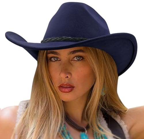 DRESHOW Cowboyhut für Damen & Herren Viehzüchter Western Fedora Filzhut Cowgirlhut mit Breite Krempe und Schnallengürtel Unisex Aufrollbare Krempe Hut