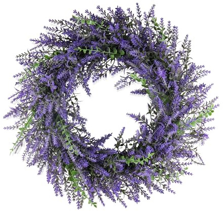 Goviraye Artificial Lavender Wreath, 53 cm Faux Front Door Wreath for Spring Summer Home, Indoor & Outdoor Decor
