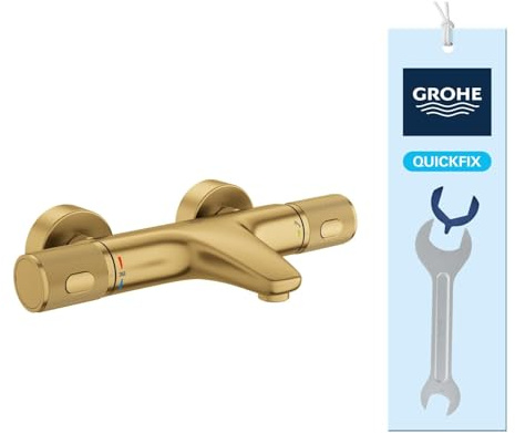 GROHE Precision Feel, Badewannenarmatur, wassersparend (Thermostat mit stets kühler Oberfläche für Kinder, Duscharmatur mit Sicherheitssperre bei 38°C, Anti-Rutsch Griffe, 3in1 Tool), gold, 34788GN0