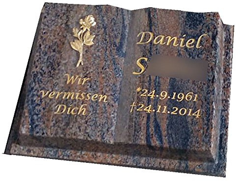 design4grab Liegestein „Offenes Buch“ aus Granit Gneis Halmstad | ca. 45x35x10 cm | handgefertigt & poliert mit Einband-Relief | wetterfest & robust | ideal für Urnengräber | Gravur inklusive