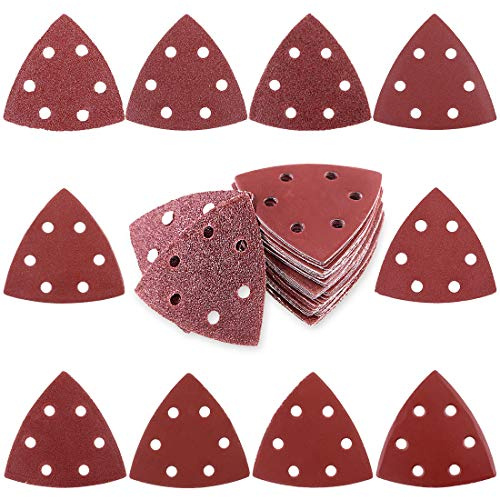 Swpeet 50 pezzi 90 mm 3,5 pollici triangolo 6 fori dettagli levigatrice carta vetrata gancio e anello assortiti – 40/60/80/120/180/240/400/600/800/1000 grane