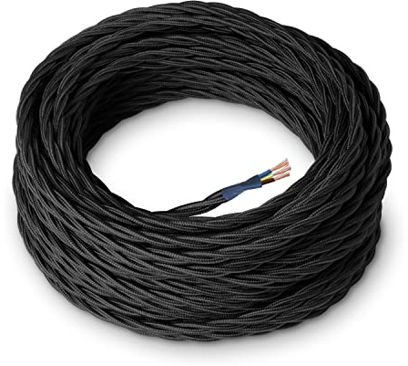Amarcords - Textilkabel für Lampen SCHWARZ, geflochten, Seide, 20 Meter, mit Erdung 3x0,75 - Stoffkabel mit farbigem vintage Stoff überzogen für Kronleuchter, Wandlampen und Lampenschirme