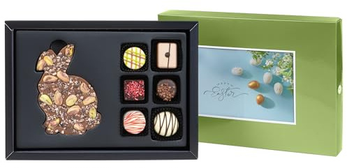 CHOCOLISSIMO - Ostergeschenk, Schokoladenhäschen aus belgischer Milchschokolade mit Pistazien & Kakaonibs + 6 exquisite Pralinen, Edle Geschenkidee zu Ostern für Schokoladenliebhaber, Osterschokolade