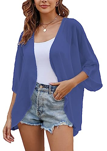 Sheer Chiffon leichte Kimono Strickjacken Solide Farben offener Vorderseite Kurze Cover ups Dunkelblau XL