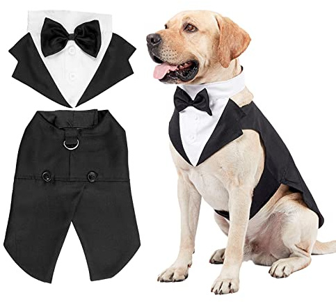 Kaket Formal Dog Smoking-Bandana, Hundehalstuch, Hochzeits-Bandana mit Krawatte, schwarzes Halsband, Größe L