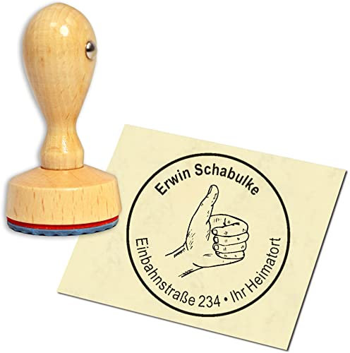 Stempel Adressstempel Holzstempel - Daumen hoch - rund ∅ 40mm personalisiert als Firmenstempel Namensstempel Bürostempel