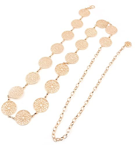 Hsthe Sea 59 inch Gold Adjustable Buckle Long Waist Belt Dress Belt Body Chain Fashion Chain Belt for Women Vintage Openwork Carved Metal Ring Waist Belt