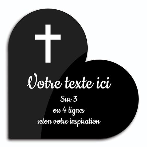 Plaque gravée funéraire motif Croix Chrétienne autocollante modèle coeur (15x15 cm) personnalisée 1 à 3 lignes Noir