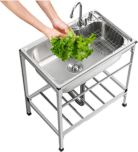 Evier Commercial en Acier Inoxydable 304 à Une cuve avec des étagères réglables au-Dessus de l'évier et Une Barre de Suspension, évier Utilitaire autoportant pour Restaurant, Cuisine