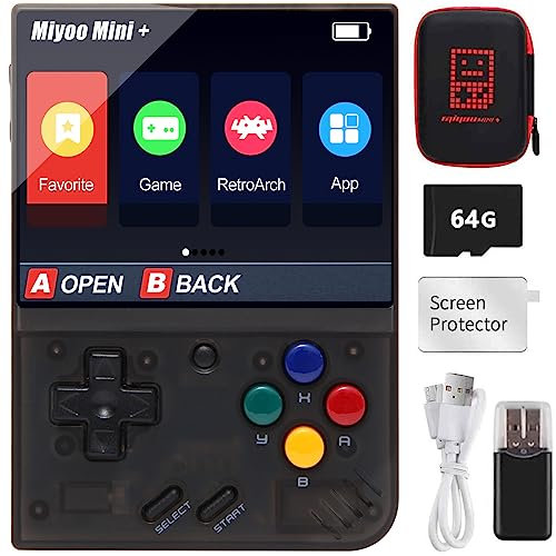 Miyo Mini Plus, Console di gioco portatile con scheda TF da 64 GB, 7000 giochi classici, schermo da 3,5, compatibile con la modalità hotspot Wi-Fi (nero, 64 GB)