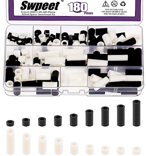 Swpeet 180Pcs M5 Kit d’assortiment d’écrou à vis ronde d’entretoise en Nylon blanc noir, Nylon ABS plastique Standoff ID 5.4mm OD 9mm, longueur 3mm -25mm pour le prototypage de vis M5