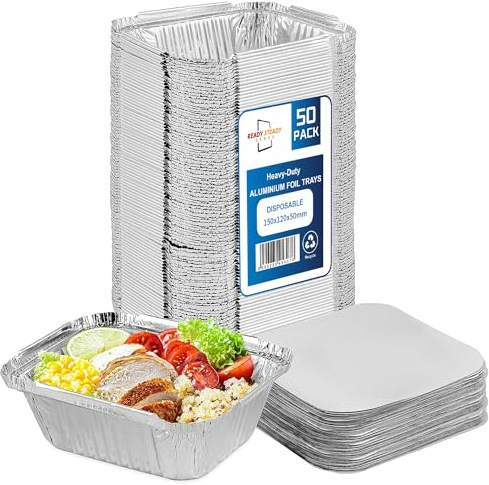 ReadySteadyServe Pack of 50 Aluminium Tin Foil Food Trays with Lids | No.2 | Silver Takeout Container Pans 145 x 120 x 45 mm Takeaway, Sides, BBQ, Events, Parties