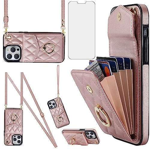 Asuwish Phone Case for iPhone 14 Pro Max 6.7 inch Wallet Cover with Screen Protector Wrist Strap Ring RFID Blocking Card Holder Cell iPhone14promax 5G i Phone14Max Plus iPhone14 ProMax Women Rose Gold