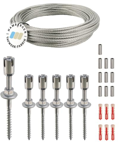 Rankhilfe/Ranksystem ''M'' aus Edelstahl - Wandabstand 50mm (Set 4) mit 6 Wandhaltern und 10m Drahtseil