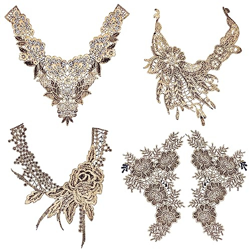FINGERINSPIRE 4 Stile Florale Bestickte Applikationen Polyester Aufnäher Handgefertigte Goldene Aufnäher DIY Applikationen Mit Pailletten Schnurgebundene Blumen Goldene Aufnäher Für Kragen Kleidungs