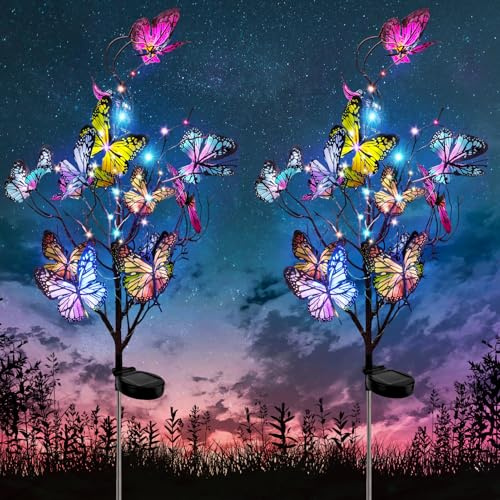 Beedove Solarlampen für Außen Garten, 2 Stück Solar Schmetterlinge Gartenleuchten LED Solarleuchten Außen Bunte Lichterkette IP65 Wasserdicht Solarleuchten für Pathway Balkon Yard Gartendeko Draußen