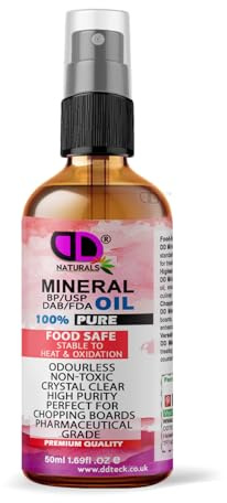 DD Teck Pure Mineral Oil Premium Food Safe, Chopping Board Oil, Cutting Board, Worktop, Butcher Blocks, Countertops Wood, Slate, Stone- Tasteless, odourless & Clear (50ml Glass Bottle Spray)