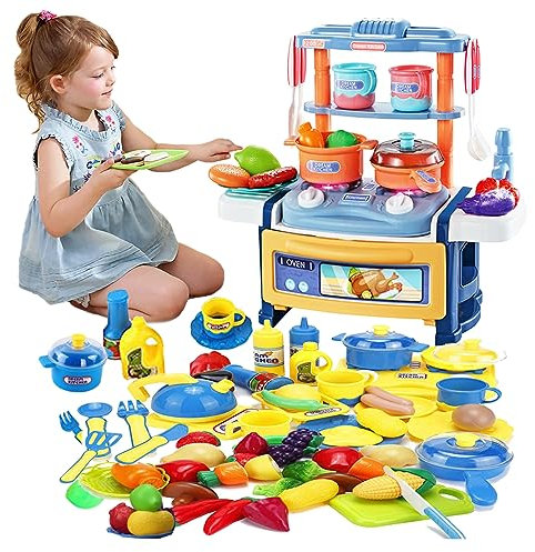 COO11 Kitchen Toy Set for Kids with Light and Sound, Pretend Cooking Stove with Utensils, Pots and Play Food, Educational Kitchen Play Set Gift for Boys and Girls Ages 3+ (82pcs - Kitchen Set)
