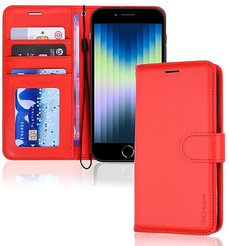 TECHGEAR iPhone SE 2022 5G / 2020, iPhone 8/7/6 läderplånboksfodral, flip fodral skydd, korthållare, stativ, handledsrem – rött PU-läder, magnetisk stängning för iPhone SE 3/SE 2/iPhone 8 7 6 6s 4,7