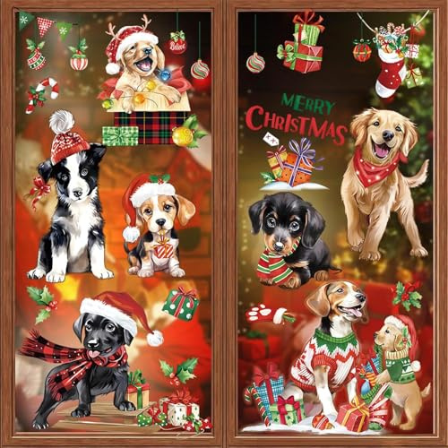 decalmile Fensterbilder Welpen Haustiere Fensteraufkleber Weihnachten Hunde | Statische Anti-Kollision Fensterdeko, Beidseitiger Druck, auf Beiden Seiten klar Sichtbar, Wasserdicht, Abnehmbar