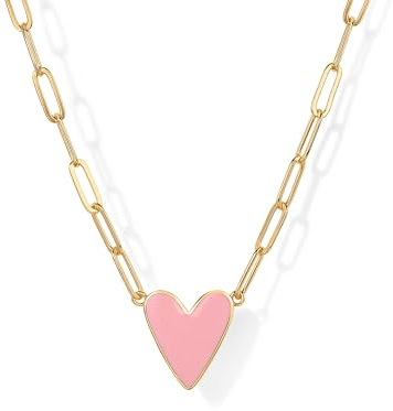 PAVOI 14K Yellow Gold Plated Heart Pink Enamel Pendant Necklace for Women | Love Paperclip Chain Necklaces | Pink Enamel Heart Pendants - Valentines Day Trendy Jewelry