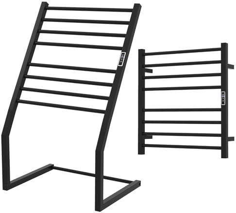 COSTWAY 2-in-1 Freestanding & Wall-Mounted Electric Towel Warmer with LED Display, 8-Bars Stainless Steel Heated Rail, Timer, and Overheat Protection