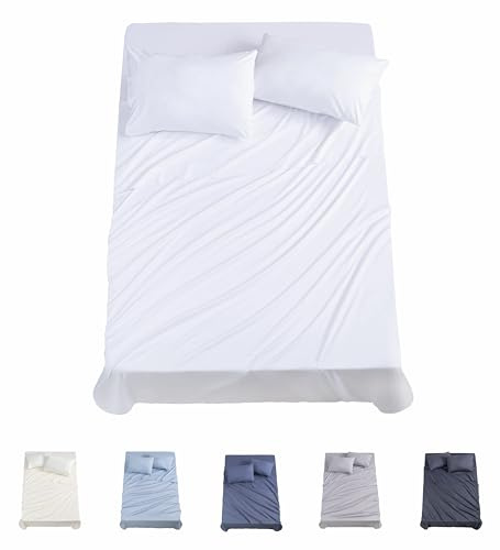 Todocama Juego de Sábanas de 4 Piezas - 3001 - Sábana Bajera Ajustable - Encimera - Dos Fundas de Almohada de 50x80cm, (Cama 90-90x190/200 cm, Blanco)