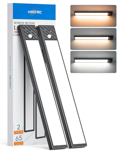 HIBOITEC LED Lampe de Placard à Détecteur de Mouvement, 2500mAh Rechargeable Reglette Sans Fil, Eclairage Sous Meuble pour Cuisine, Placard, Escalier, Couloir (3 Couleurs, 33,5 cm)