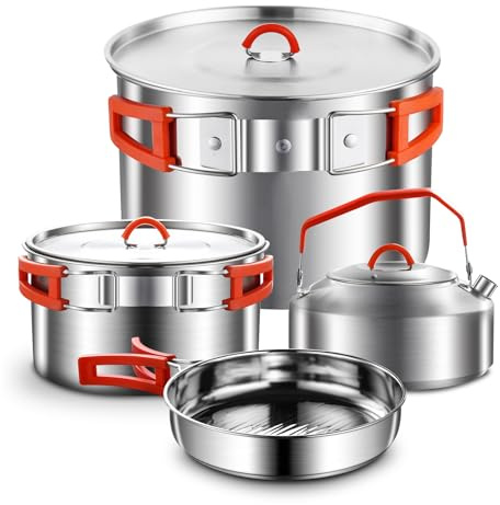 Camping Kochset 304 Edelstahl Camping Töpfe und Pfannen Set | Camping-Kochgeschirr-Set, Campingausrüstung zum Wandern, Kochen im Freien, Picknicks für 2-4 Personen