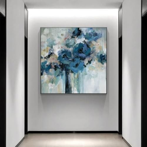 NXMYDBD Aquarell Blaue Blumen Leinwandgemälde Moderne abstrakte Poster und Drucke Wandkunst Bilder für Wohnzimmer Wohnkultur 50x50cm (20x20 Zoll) Ungerahmt