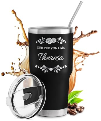 Maverton Edelstahl Kaffeebecher To Go mit Gravur 800 ml Schwarz - Thermobecher mit 2 Strohhalmen & Reinigungsbürste - Geschenke für Frauen - personalisiertes Geschenk für Oma