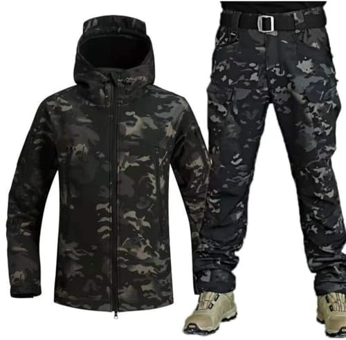 RVUEM Camouflage a,XXL, MilitäRbekleidung, Kampfanzug, Softshelljacke FüR Herren, Outdoor Skianzug, 2 Teiliger Snowboard Schneeanzug, Winter Set Aus Wasserdichter, Warmer Skijacke Und Schneehose