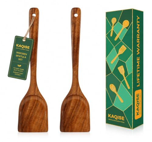 KAQISE Holzspatel, handgefertigt, Wok-Spatel, natürliches Teakholz, glatte Oberfläche, Kochschildkröte, Küchenutensilien-Set, 2 Stück
