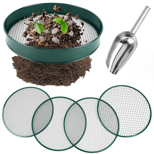 UCandy Soil Sifter for Gardening, 12 Green Soil Sifter Potting Sieve with Shovel and 4 Fine Screens for Sand Dirt, Sand, Rock, Filtration, Compost and Bonsai (5 IN1)