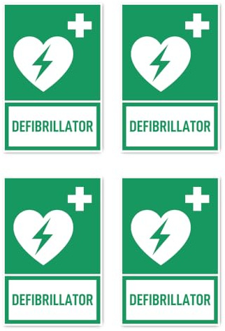 Aufkleber: 112.5x75 mm, 4 Stück - Automatisierter Externer Defibrillator (AED) - Sprache: englisch - Rettungszeichen mit Text (grün/weiß) - hochkant - E010 - DIN EN ISO 7010