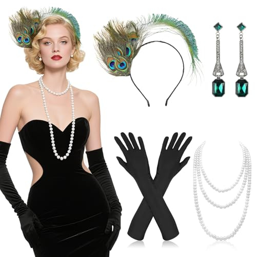20er Jahre Accessoires, 1920er Federstirnband, Pfau Kopfschmuck Damen | 4 Stück Great Gatsby Accessoires, Mit Handschuhen, Stirnband, Halskette für Maskerade Halloween Teeparty