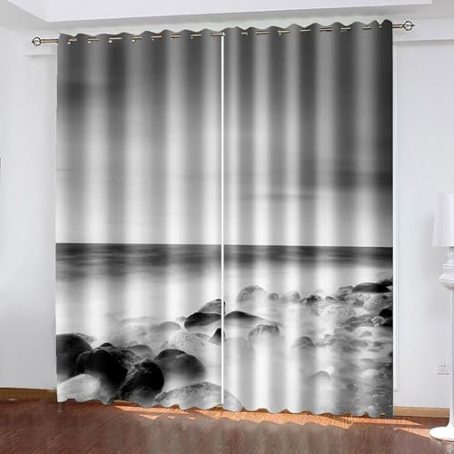 Lirzxin Verdunkelnde Vorhänge 214 cm Lang, Blickdichte Gardinen mit Ösen 2er Set Grau Ozean und Felsen Landschaft Vorhang für Wohnzimmer Schlafzimmer Kinderzimmer, 244x214 cm(BxH)