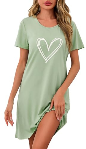 Demegimi Chemise de Nuit Femme Vêtement de Nuit Confortable Été Coupe Décontractée Col Rond et Motif Cœur,Vert Clair,XL