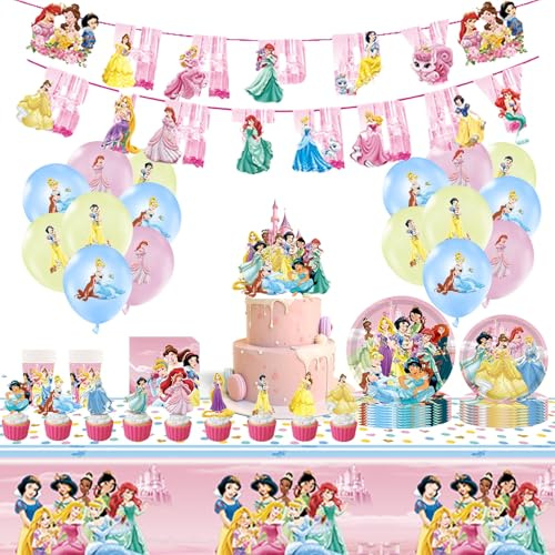 yumcute 97 Stück Princess Geburtstagsdeko, Kinder Mädchen Prinzessin Partygeschirr Set, Luftballon Teller Tassen Banner Tischdecke Tortendeko, Rosa Geburtstagsdeko Party Set für 10 Personen