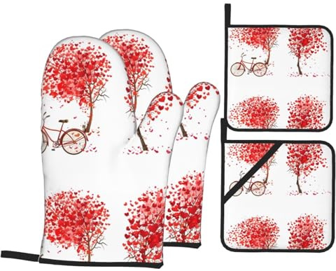 WHJDPP Festa della mamma San Valentino Cuore romantico albero e bici Immagine Cucina cottura quattro pezzi set include 2 guanti isolati e 2 coperchi per pentole con tasche anti-scottatura e