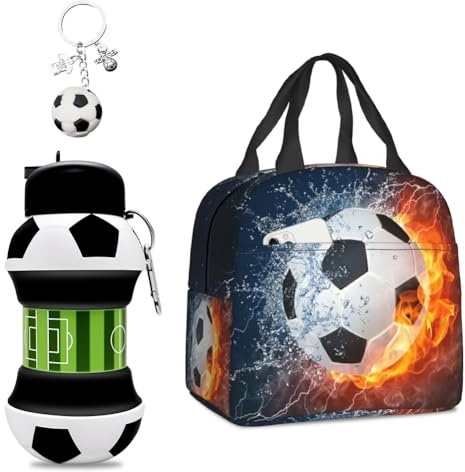 OPVXZAD Bolsa Lonchera Futbol, Lonchera Térmica, Futbol Botella de Agua - 600ml, Llavero, Bolsa Termica Porta Alimentos, para niños, Colegio, Playa, Camping, Viaje, Trabajo, Picnic