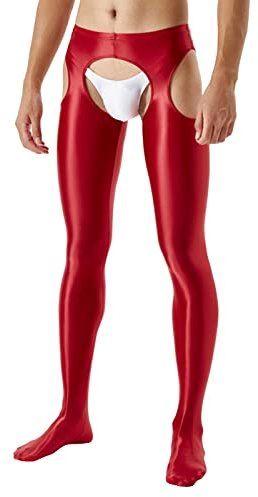 Generisch Leggings da uomo, lucidi, setosi, a quattro lati, aperti, sexy, taglie forti, Colore: rosso, L