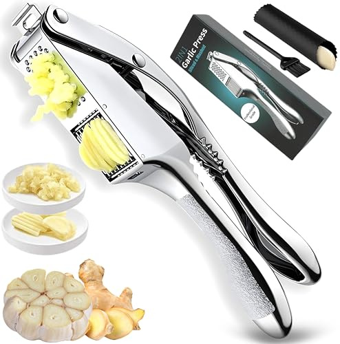 YOURALL Garlic Press Stainless Steel, Heavy Duty Garlic Crusher & Mincer, Easy Squeeze Ergonomic Handle, Dishwasher Safe, Includes Peeler & Brush, 3-in-1 Set