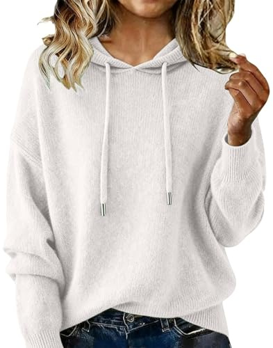 Fleece Hoodies Women UK, Ladies Jumpers Hooded Neck Knitted Long Sleeve Tops Plain Casual Thermal Ribbed Sweaters Wool Sweatshirt Fall Airport Outfits Pullover Sweaters Trendy Jumpers White