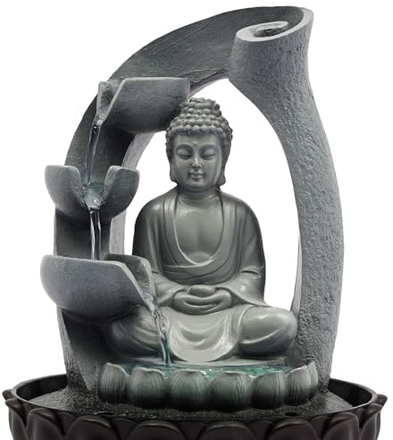 Zimmerbrunnen, Zen Tischbrunnen mit LED Lichtern Beleuchtung und Tauchpumpe, Buddha Motiv Springbrunnen Ornament, Tischplatte Wasserbrunnen Wasserfall Gartenbrunnen Deco für Foyer, Büro