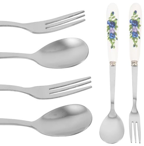 Beavorty Juego de 6 Piezas de Tenedores y Cucharas de Postre de Acero Inoxidable Mango de Cerámica, Diseño Ergonómico, Reutilizables, Postres y Fiestas en Hogar y Restaurante