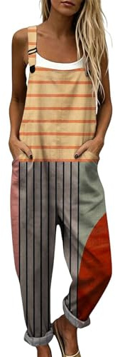 Generico Salopette Donna Estiva Lunga in Lino Elegante Tuta Intera Curvy con Stampa Boho Chic Jumpsuit Pantaloni Gamba Larga Senza Maniche Moda Baggy Cotone Taglie Forti Mare Vacanza Comoda (A01,S)